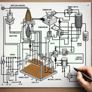 Detailed Diagram of a Corn Dryer System with Moisture and Temperature Sensors