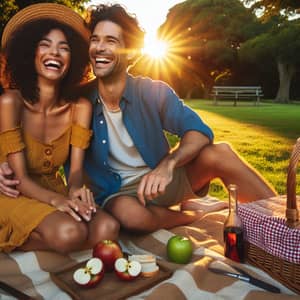 Happy Couple Enjoying Sunset Picnic in Park