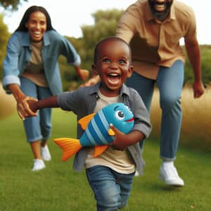 Joyful African Child Running with Cartoon Fish