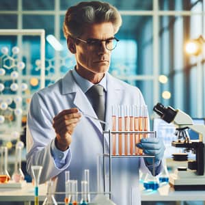 Caucasian Male Scientist Examining Chemical Tubes in Laboratory