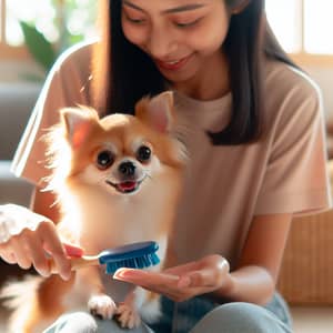 Cute Chihuahua Dog Bonds with South Asian Person in Sunny Living Room