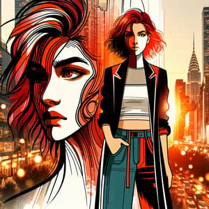 Unique Fiery Red-Haired Figure in Urban Sunset | Creative Art