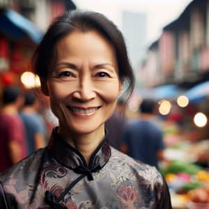 Malaysian-Chinese Individual in Vibrant Street Market | Unique Silk Patterns