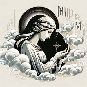 Caucasian Woman Mary Statue with Cross in Clouds