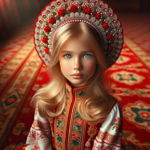 Blonde Girl in Traditional Kokoshnik Dress on Red Carpet