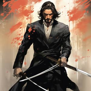 Stylish Man in Black Suit with Katana Graphic Novel Art