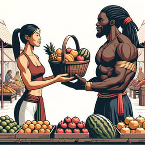 Diverse Barter Scene Illustration in Colorful Market Setting