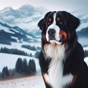 Majestic Bernese Mountain Dog in Snowy Swiss Landscape