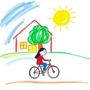 Simple Childlike Drawing of Family on a Bike