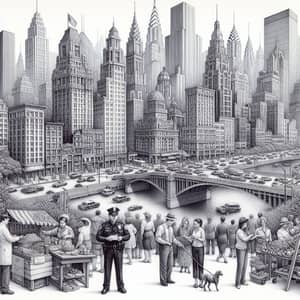 Intricate Pencil Sketch of a Bustling City - Skyline & Urban Life