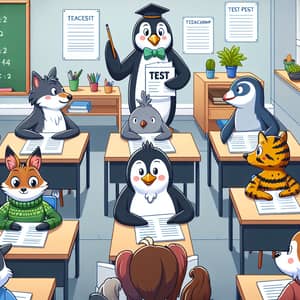 Cartoon Penguin Teacher Giving Lecture to Animal Students