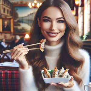 Caucasian Woman Enjoying Potstickers in European Setting