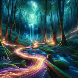 Mystical Forest with Glowing Pathway to Waterfall