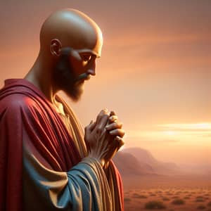 Bald Jesus in Serene Desert Prayer Scene | Religious Art