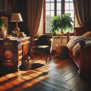 Cozy Bedroom with Antique Desk and Velvet Chair