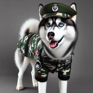 Striking Siberian Husky in Military Uniform