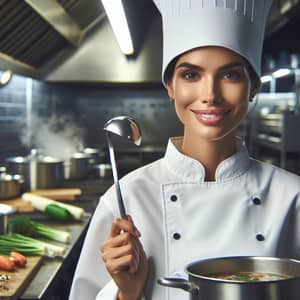 Professional South Asian Female Chef with Ladle in Busy Kitchen