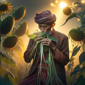 Sundanese Farmer in Traditional Attire Nibbling Sunflower Plants