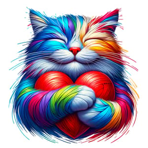 Colorful Cat Hugging Heart Painting | Peaceful Feline Artwork