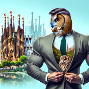 Athletic Owl in Suit at Sagrada Familia: Striking Photo