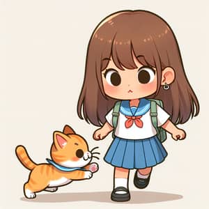 Asian Schoolgirl Walking with Playful Tabby Cat