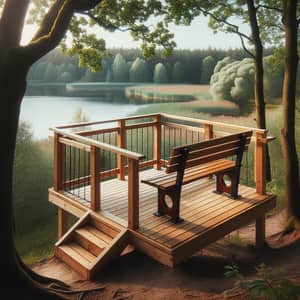 Tranquil Wooden Bench on Observation Platform by Lake in Forest