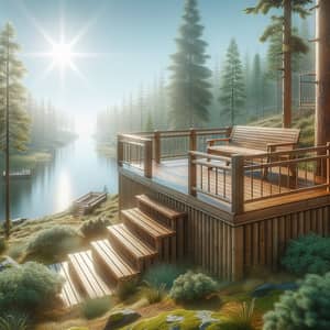 Tranquil Forest View: Wooden Bench on Observation Deck Overlooking Lake