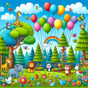 Colorful Children's Forest with Animals and Balloons