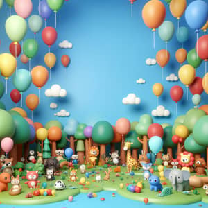 Colorful 3D Forest with Animals and Balloons