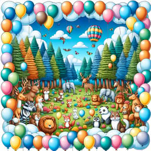 Colorful Children's Forest Scene with Balloons