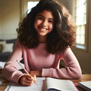 Grade 8 Hispanic Student Studying in Sunlit Room