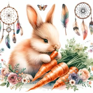 Watercolor Baby Bunny with Carrots in Boho Style