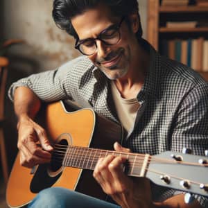 Middle-aged Hispanic Man Playing Acoustic Guitar | Music Enthusiast