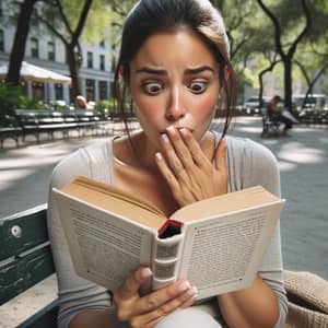 Hispanic Woman Reading a Novel in Sunny Park | Surprised Expression