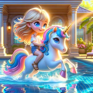 Blonde Girl Riding Unicorn by Pool - Animated 3D Image