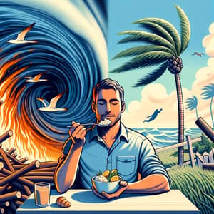 Caucasian Man Enjoying Food in Chaos and Serenity Scene