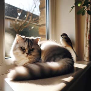 Serene Afternoon Scene with Cat and Bird | Window Sill View