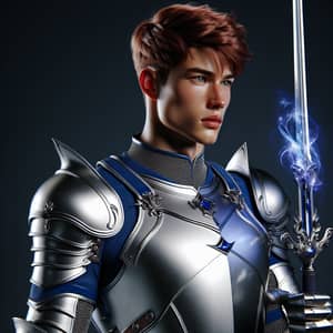 Asian Male in Gleaming Silver Armor with Magical Sword Ready for Epic Battle