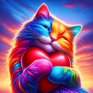 Vibrant Rainbow Cat Hugging Heart | Colorful Feline Art