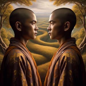 Hyperrealistic Painting of Perfect Buddhist Monks in Equilibrium