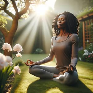 Tranquil Black Woman Meditating in Serene Garden