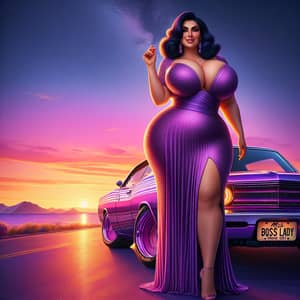 Colorful Plus-Size Lady in Purple Dress | Miss Boss Lady Sunset Art