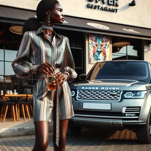 Optimistic Young African Lady with Coffee and Range Rover at Urban Restaurant