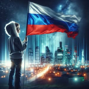 Young Boy Waving Russian Flag at Night - Cityscape Backdrop