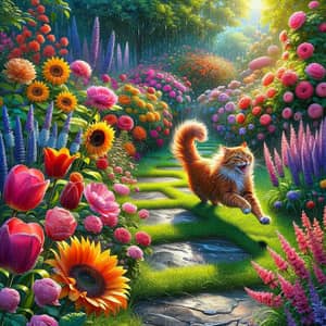 Vibrant Outdoor Garden Scene with Playful Cat Running