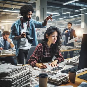 Bustling Newsroom Scene: Journalist, Photographer, and Editor in Action