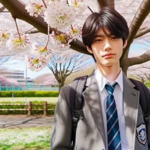 Asian Male in School Uniform Under Cherry Blossom Tree