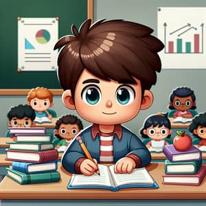 Diverse Student Cartoon Character at Desk Solving Math Problem | Educational Web