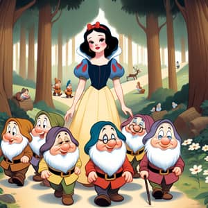 Snow White and the Seven Dwarfs in Peaceful Forest Scene