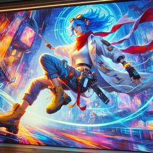 Futuristic Sci-Fi Scene with Iconic Character Bulma in Vibrant Cyberpunk Aesthetics